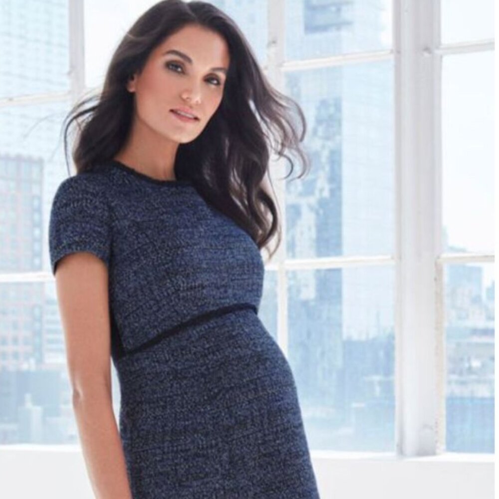 Seraphine Navy Blue Bouclé Maternity Shift Dress